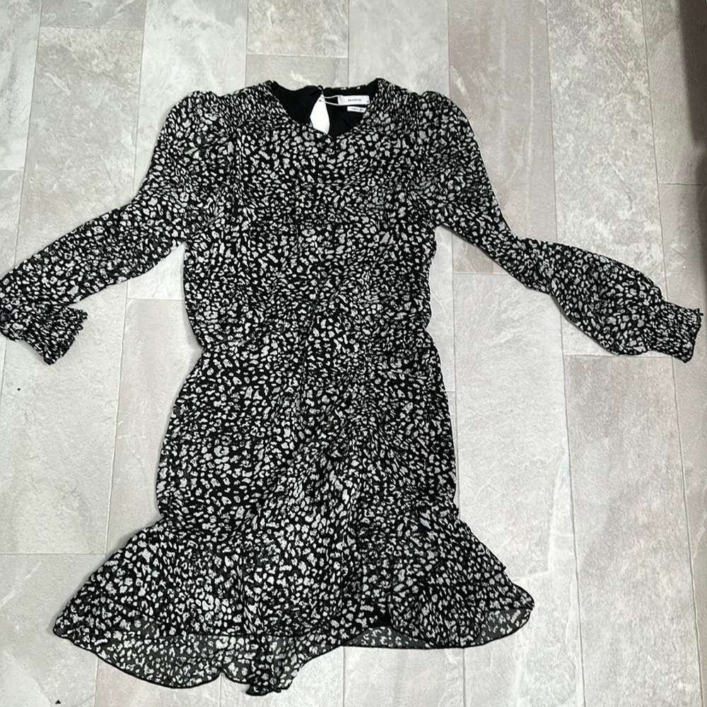 Beautiful mini dress with sheer sleeves and ruching on the skirt